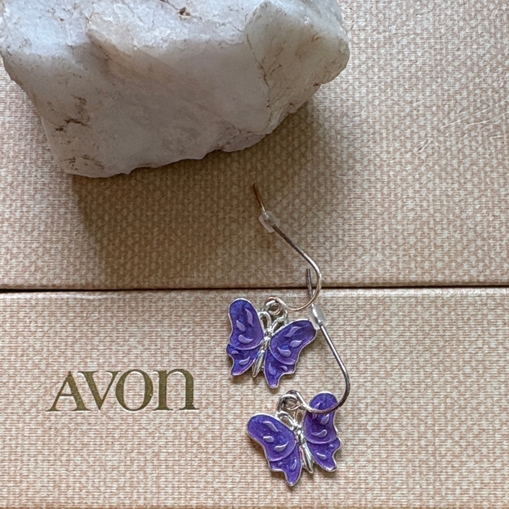 Vintage Y2K Avon Purple & Silver  Butterfly Dangle Earrings NIB Small 98